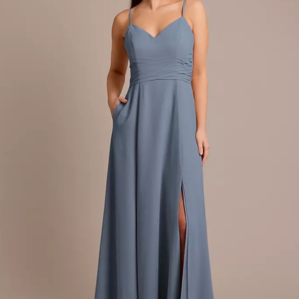 David's Bridal Chiffon Steel BLUE Maxi Dress W Pockets